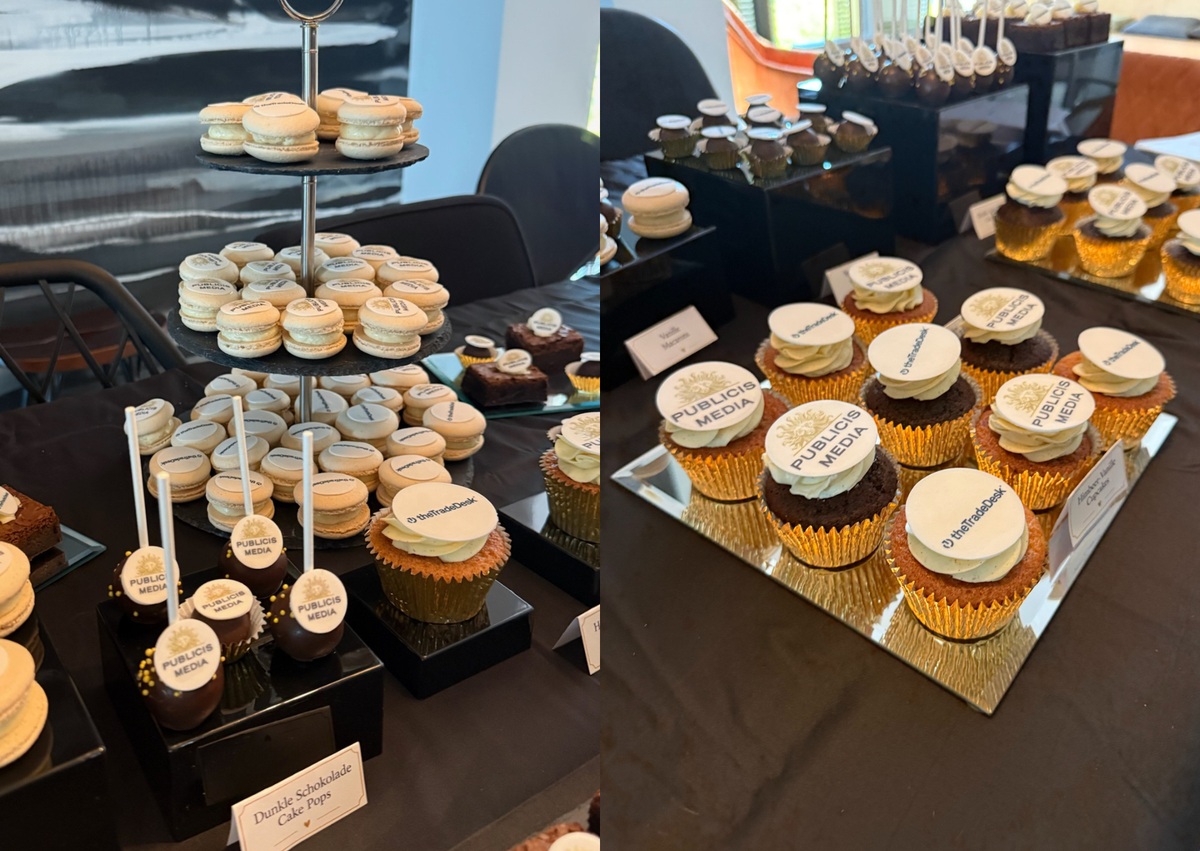 Dessertbuffet mit macarons, cupcakes, cake pops in Frankfurt. Dessert Table für Firmenfeier