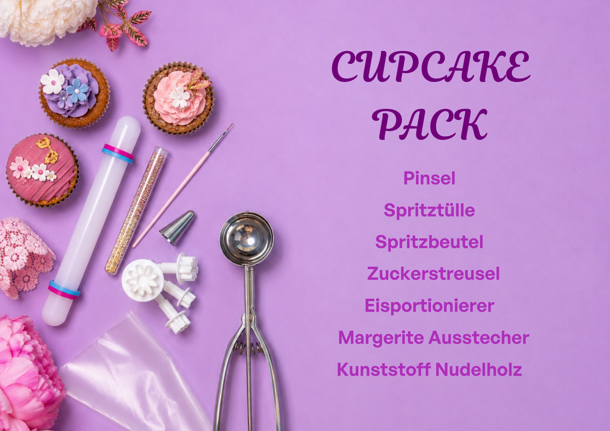 Inhalt des Cupcake Backsets um Cupcakes zu backen und dekorieren